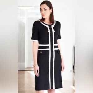 NWT Ming Wang Contrast Trim Knit Sweater Dress Black White Gold Hardware XS